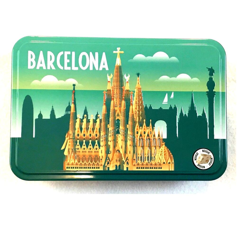 Barcelona Hinged jumi Candy Tin Teal Cathedral Skyline Scene
